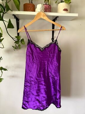 Jessica Purple Satin Chemise with Black Lace Trim